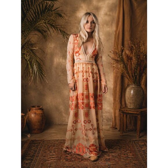 For Love And Lemons Dresses & Skirts - For Love And Lemons Barcelona Beige and Orange Long Sleeve Dress